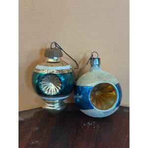 Vintage Mercury Glass Concave Christmas Ornaments in Blue Set of 2